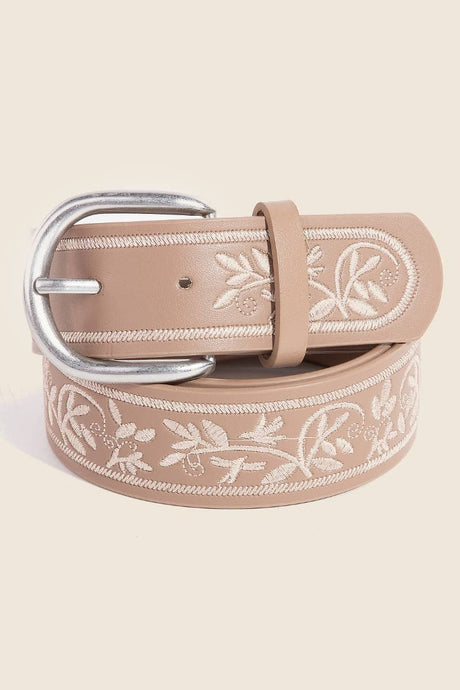 Floral Embroidered Pattern Faux Leather Belt | Ivory