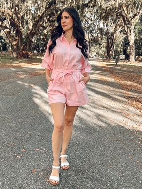 Button Collared Romper | Pink