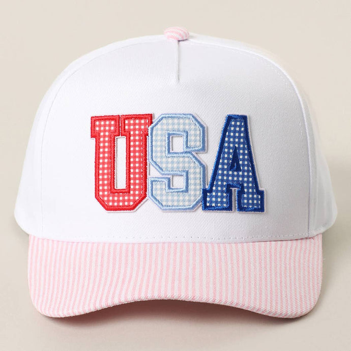 USA Gingham Letter Patch Striped Hat | Pink