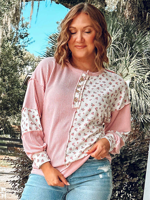 Patchwork Floral Ribbed Top | Pink