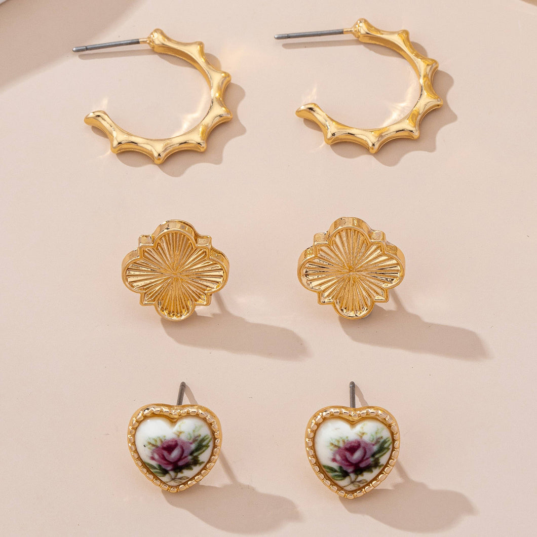 Floral Textured Trio Earring Set*