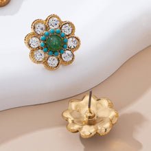 Turquoise & Crystal Flower Stud Earrings | Gold