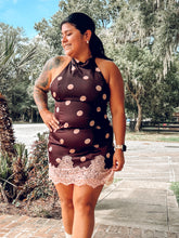 Polka Dot Satin Lace Halter Dress | Brown
