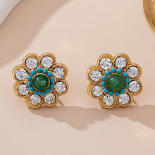 Turquoise & Crystal Flower Stud Earrings | Gold