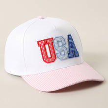 USA Gingham Letter Patch Striped Hat | Pink