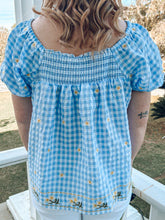 Gingham Floral Embroidered Top | Blue