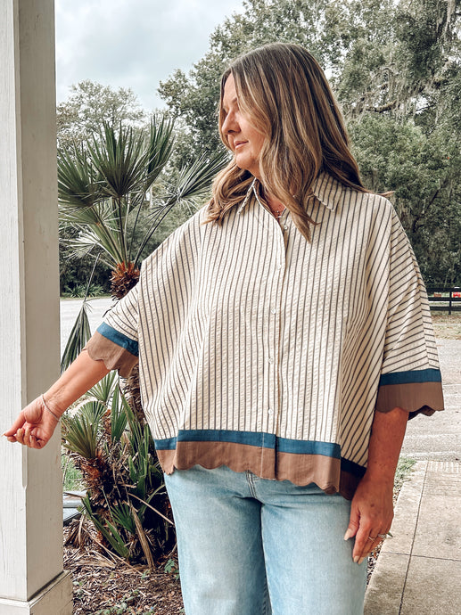 Scalloped Hem Striped Top | Cream/Navy