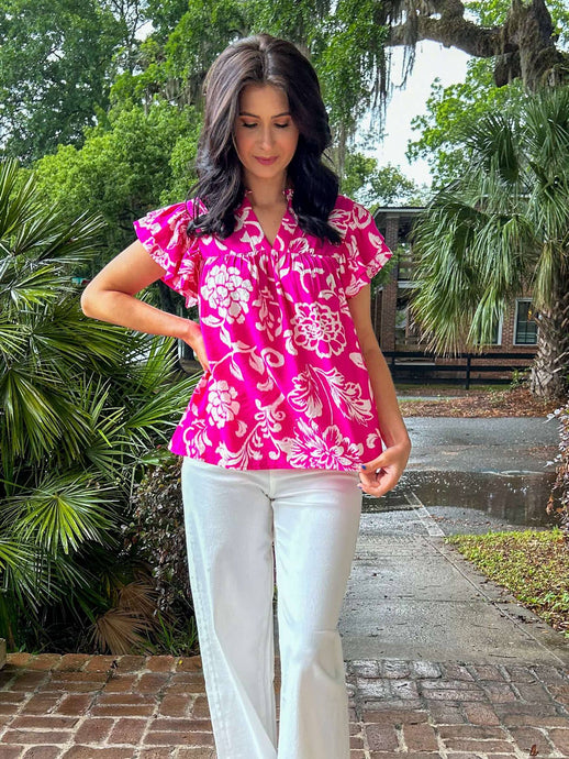 Prep Boho Floral Top | Hot Pink