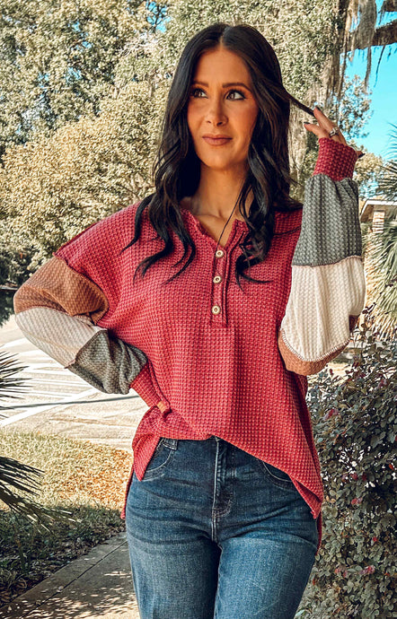 Waffle Knit Colorblock Top | Burgundy