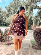 Polka Dot Satin Lace Halter Dress | Brown