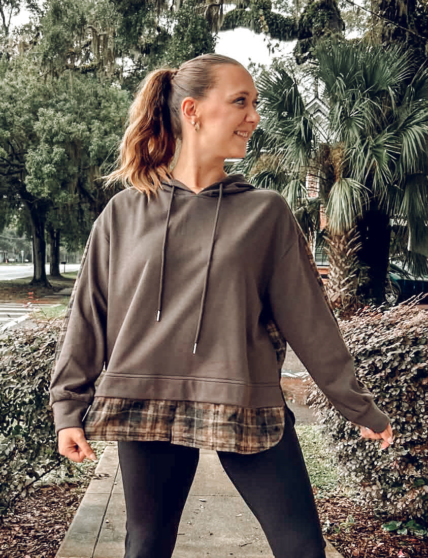 French Terry & Flannel Plaid Hoodie | Charcoal