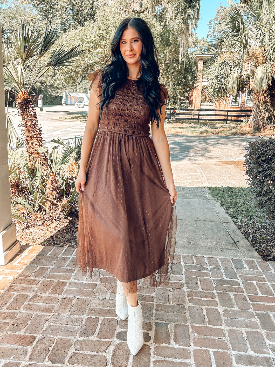 Polka Dot Smocked Midi Dress | Brown