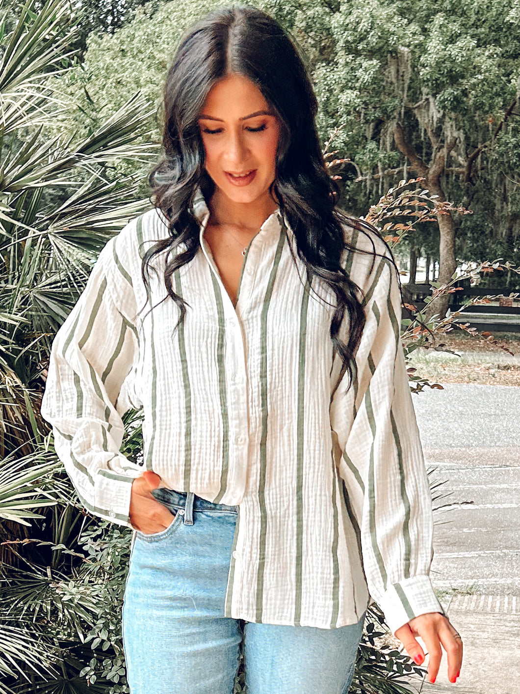 Cotton Dolman Striped Top | Olive