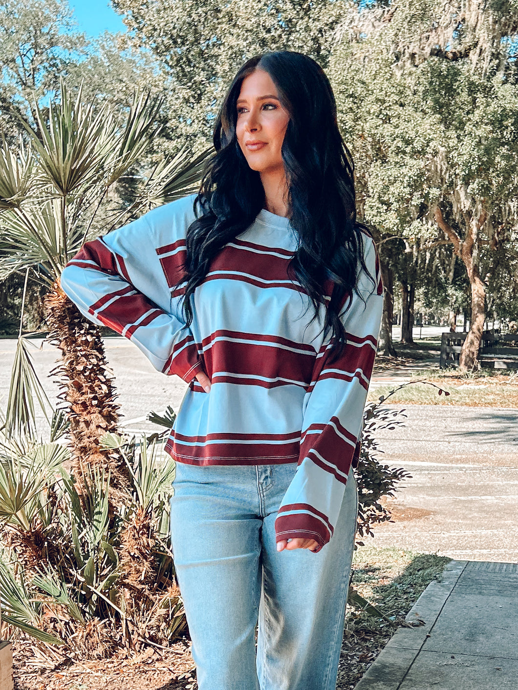 Crew Knit Wide Striped | Burgundy Light Blue
