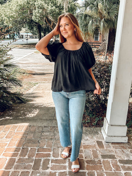 Gathered Puff Sleeve Top | Black