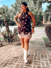 Polka Dot Satin Lace Halter Dress | Brown