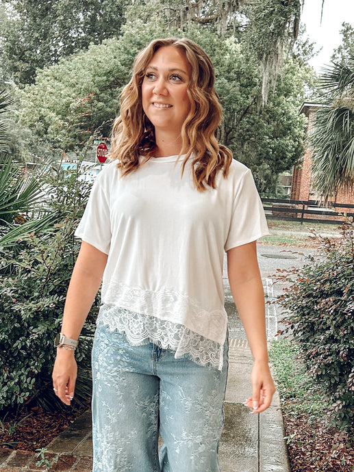 Asymmetrical Lace Trim Top | Ivory
