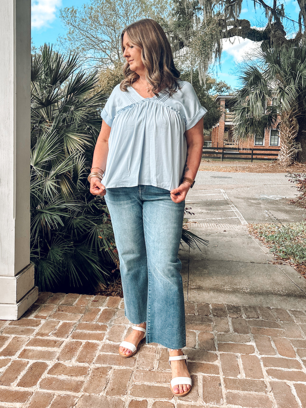 Pin Tuck Babydoll Top | Blue