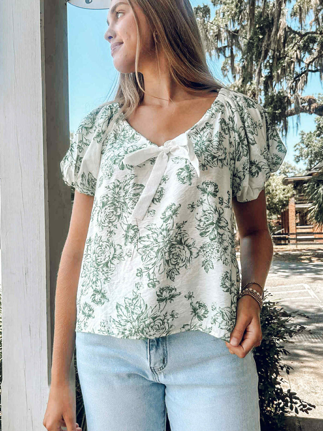 Floral Romance Ribbon Top | Green – Southern Saint Boutique