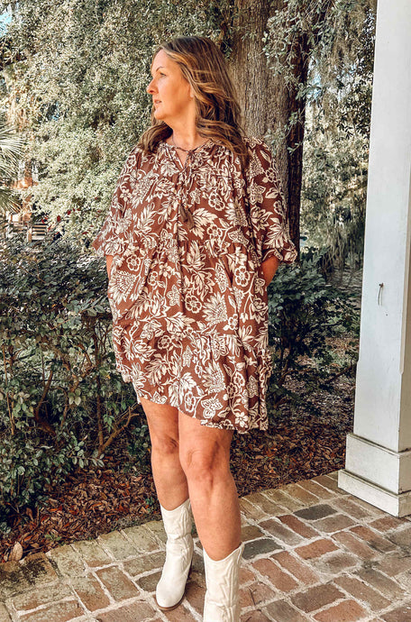 Boho Wave Floral Dress | Mocha