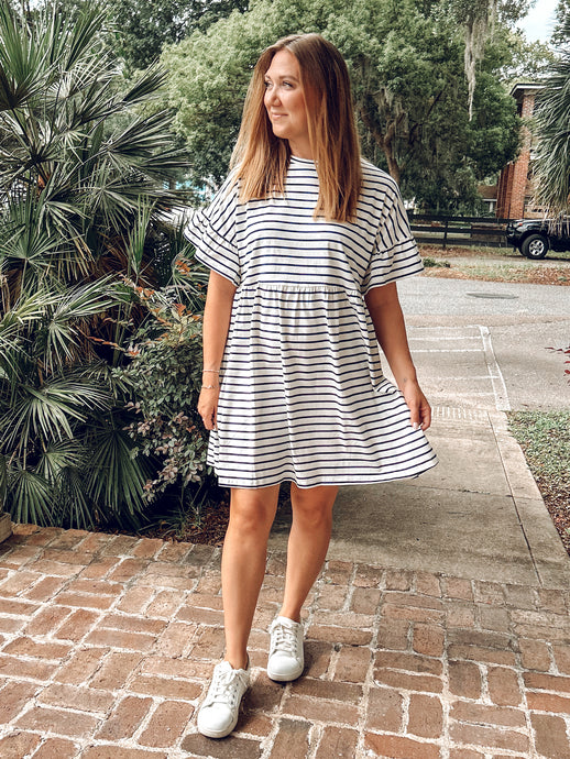Beach Striped Ruffle Dress | White/Navy