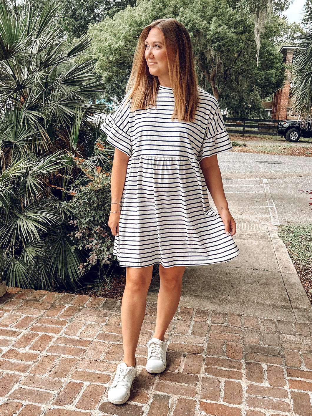 Beach Striped Ruffle Dress | White/Navy