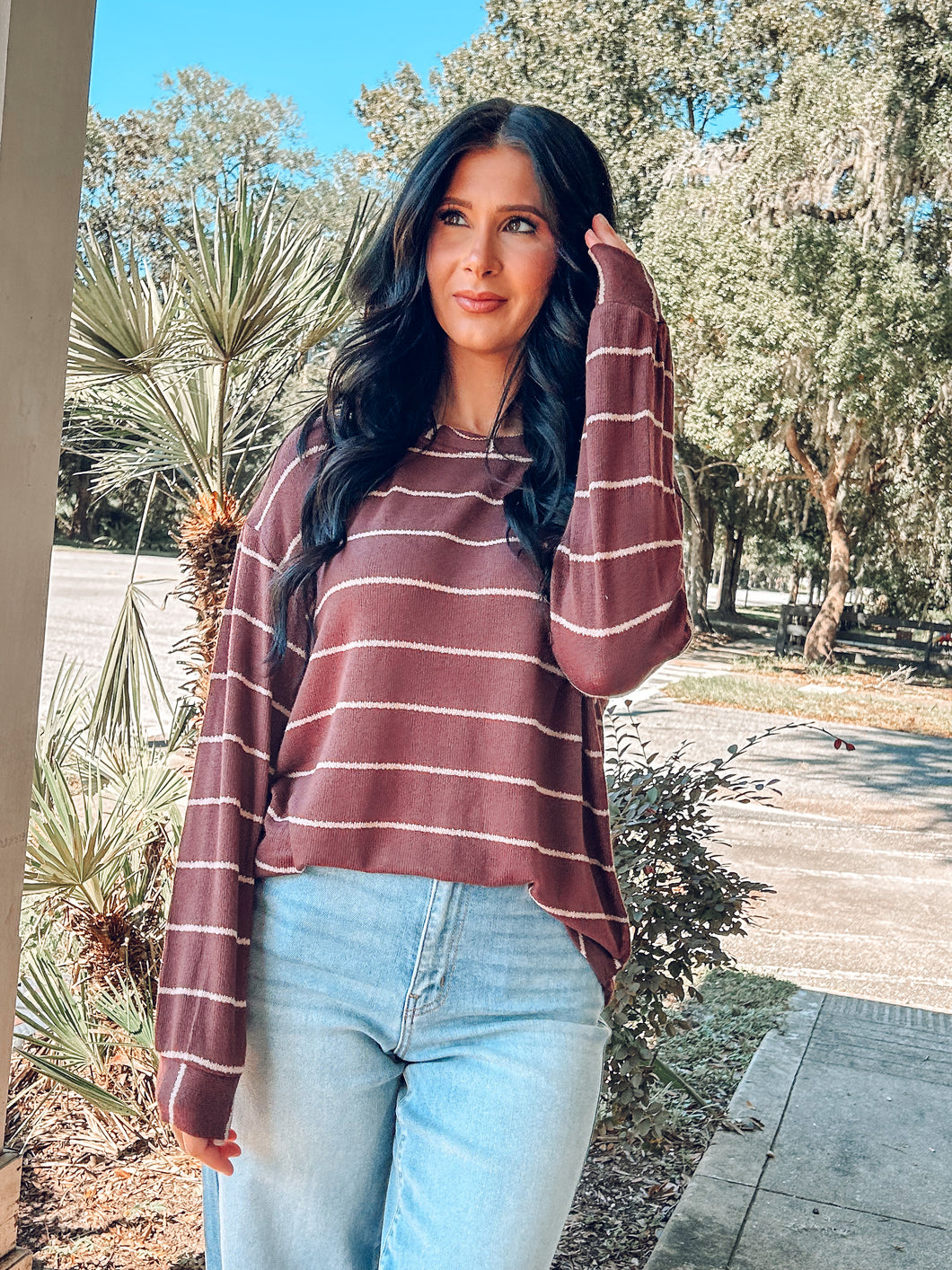 Striped Relaxed Knit Top | Burgundy