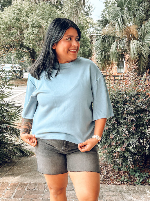 Structured Knit Boxy Top | Blue