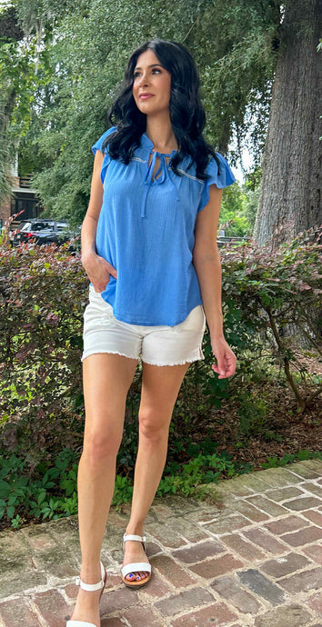 Sweet Embroidery Ruffle Top | Blue