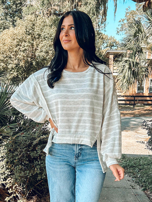 Cotton Blend Striped Top | Grey