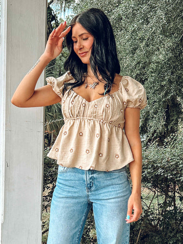 Embroidered Daisy Babydoll Crop | Taupe