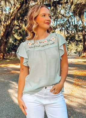 Vine Floral Embroidery Top | Mint