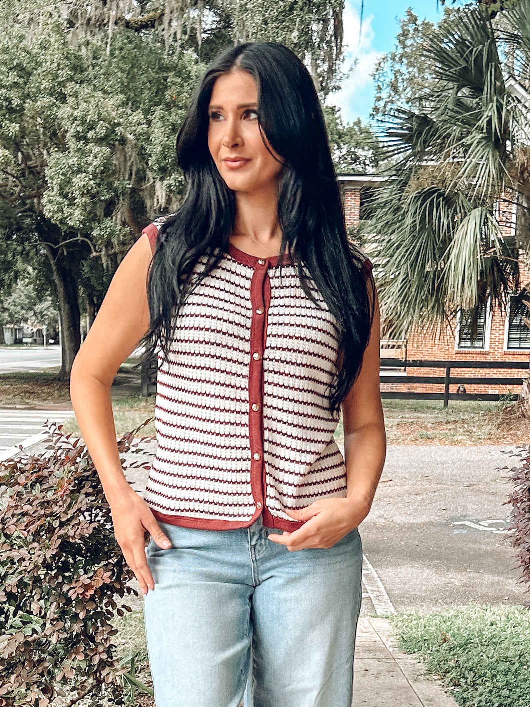 Striped Knit Button Vest Top | Burgundy