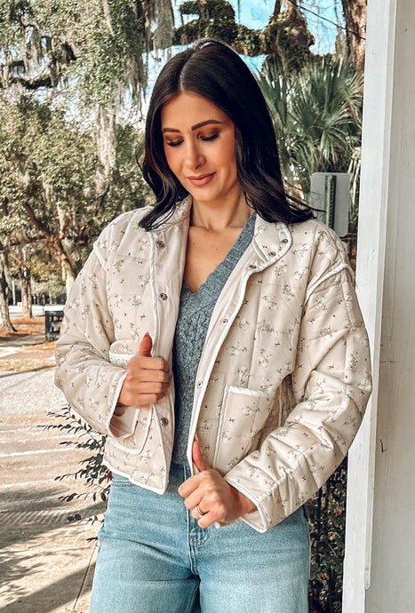 Floral Puffer Jacket | Light Khaki