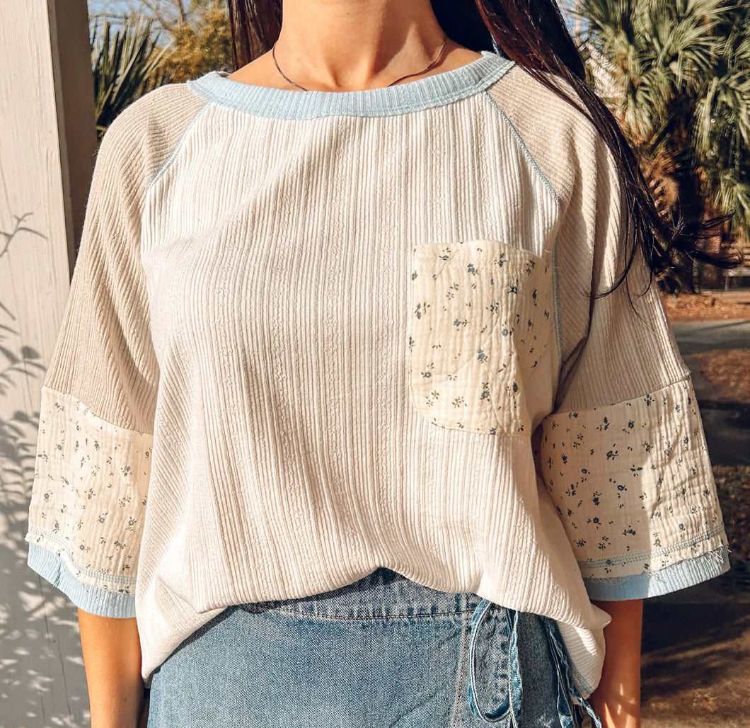 Mixed Print Raglan Top | Blue