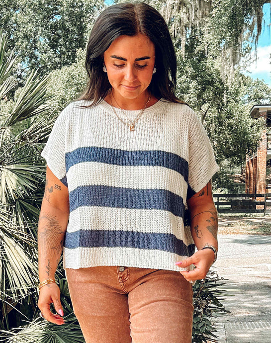 Striped Dolman Boxy Top | Navy