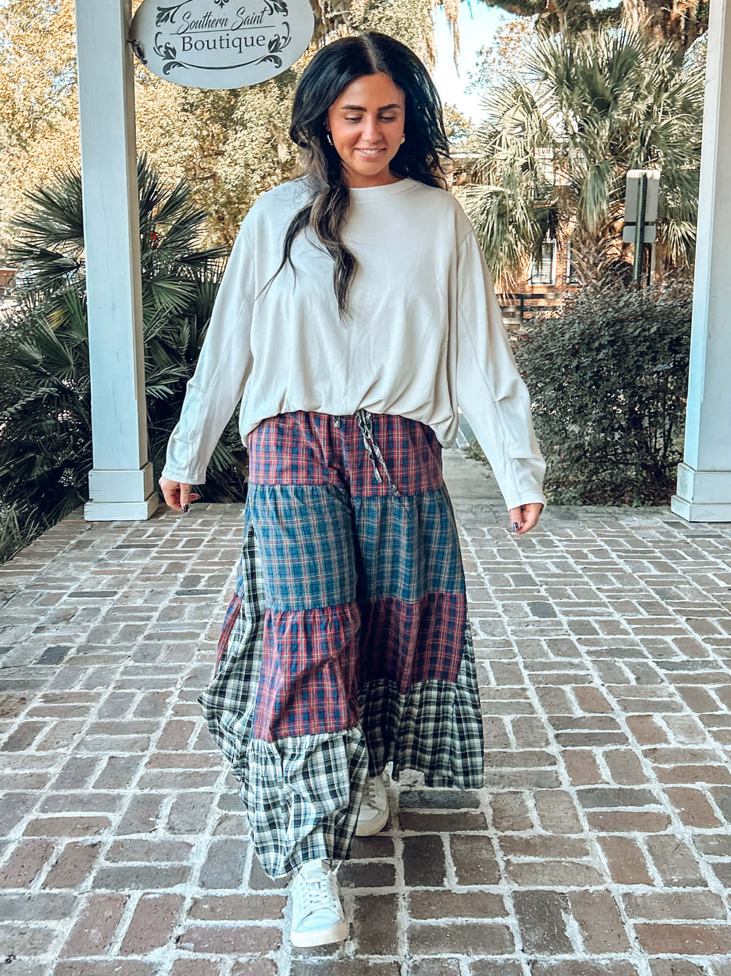Patchwork Plaid Wide Leg Pant