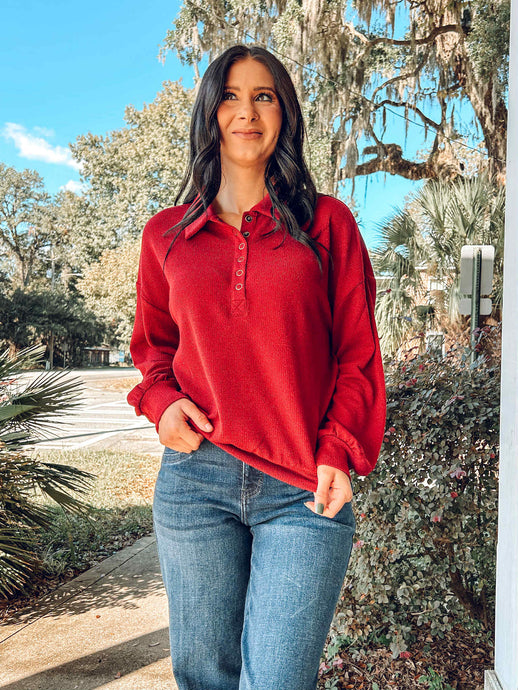 Collared Half Snap Sweater | Deep Red