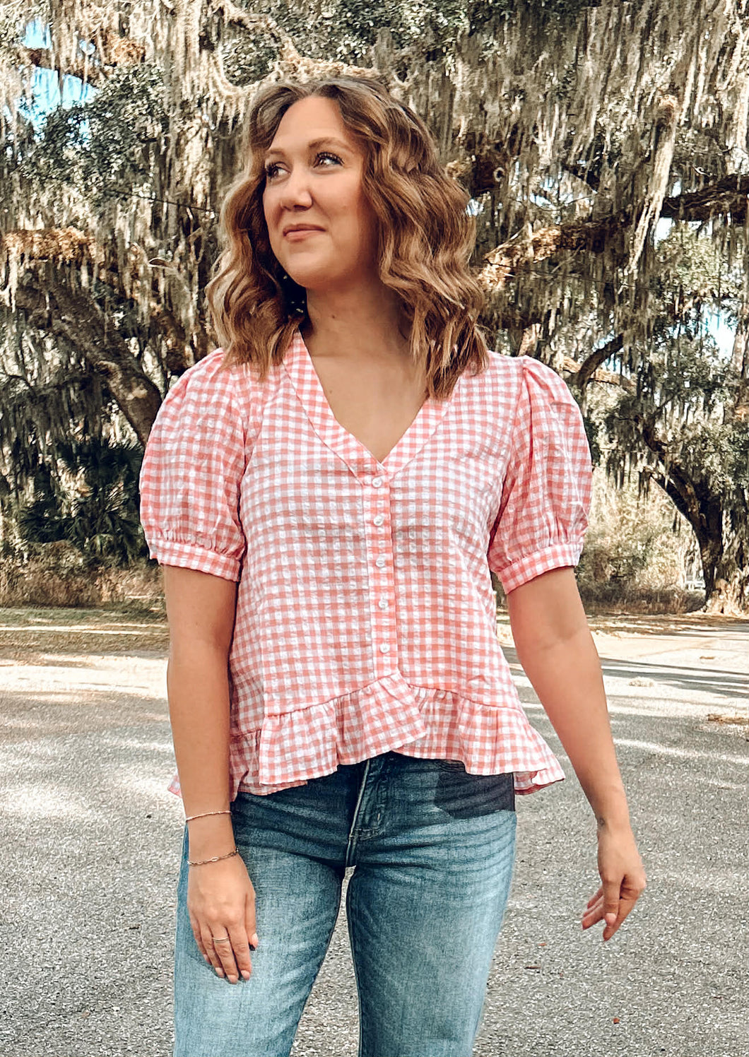 Gingham Button Top | Pink