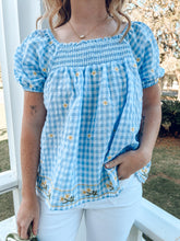 Gingham Floral Embroidered Top | Blue