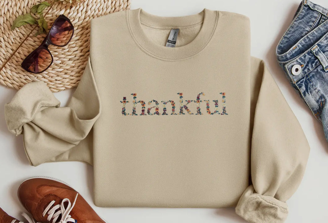 Thankful Floral Embroidered Sweatshirt | Sand