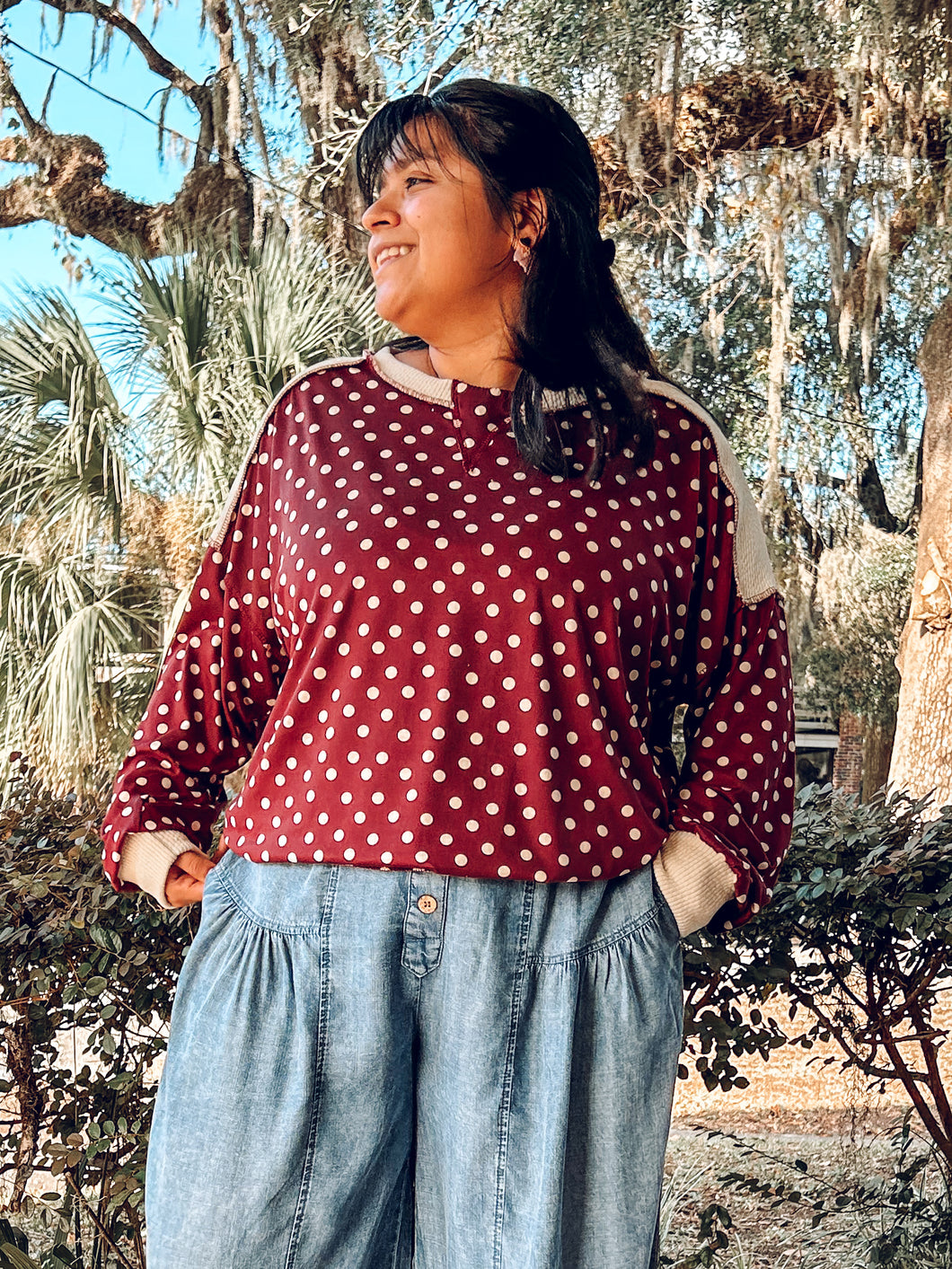 Polka Dot Contrast Ribbed Sweatshirt | Burgundy