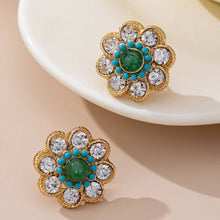 Turquoise & Crystal Flower Stud Earrings | Gold