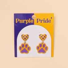 Gameday Checker Patterned Heart And Paw Dangle Earrings: Blue White