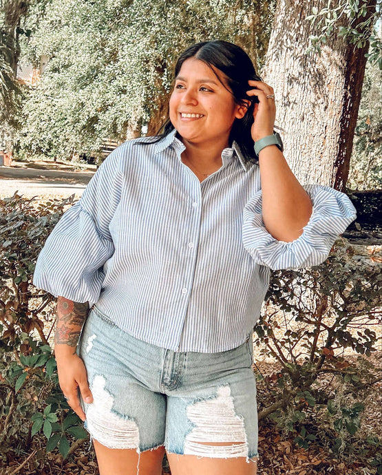 Striped Bubble Sleeve Top | Blue