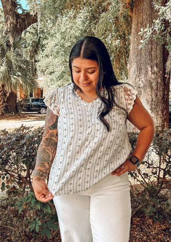 Lace Striped Floral Top | White