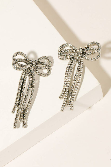 Rhinestone Long Ribbon Bow Earrings | Silver