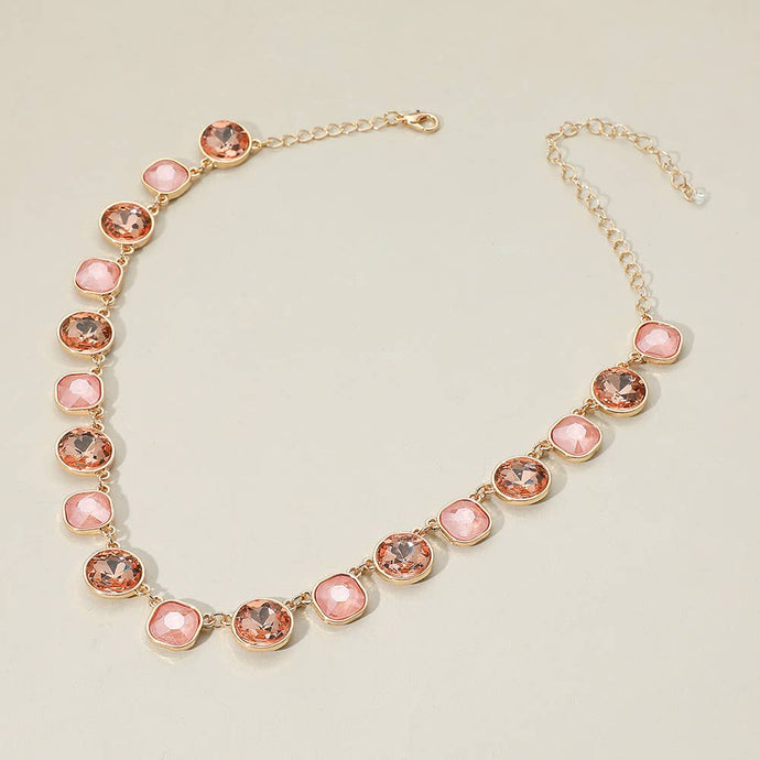 Round Square Stone Bezel Cluster Link Necklace | Pink