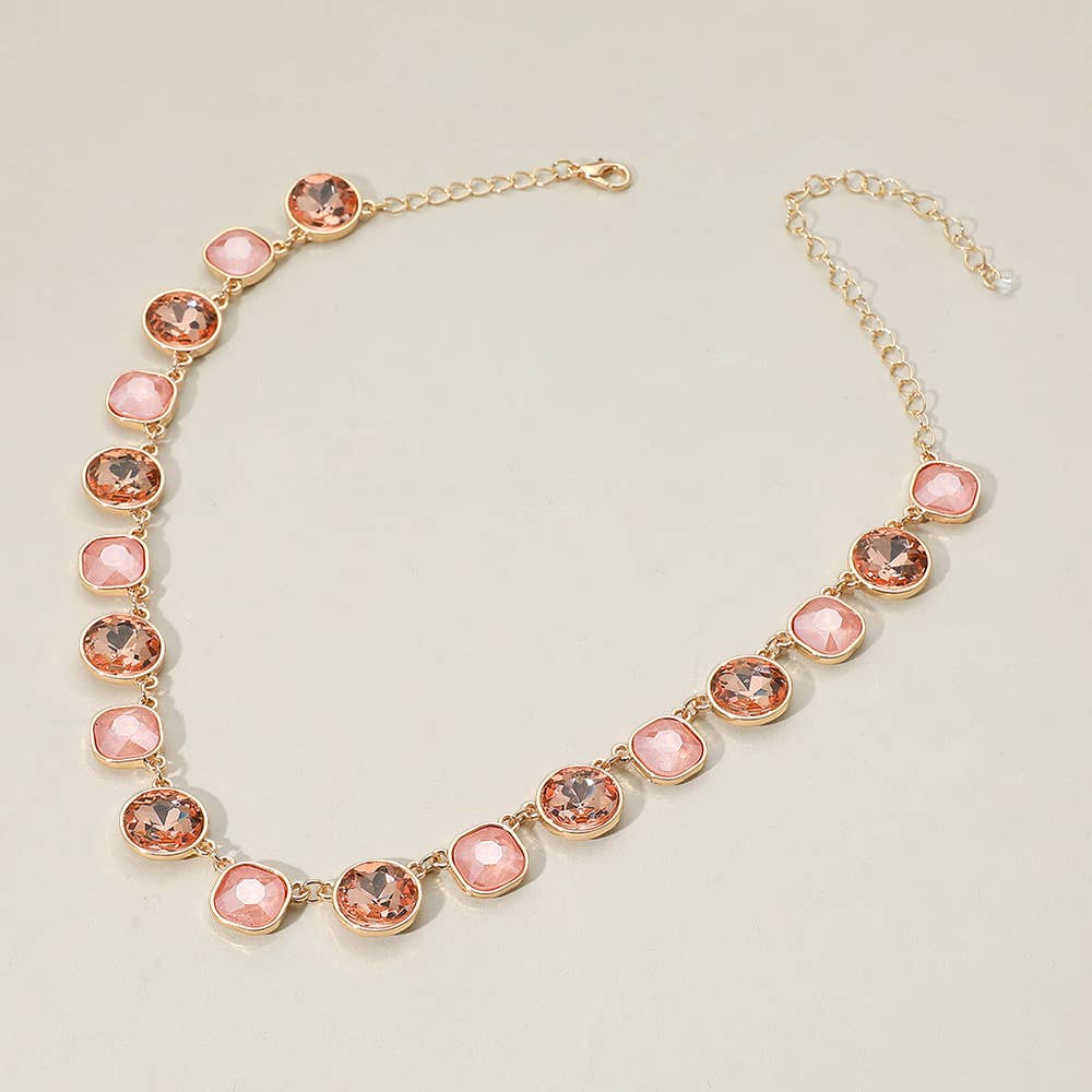 Round Square Stone Bezel Cluster Link Necklace | Pink