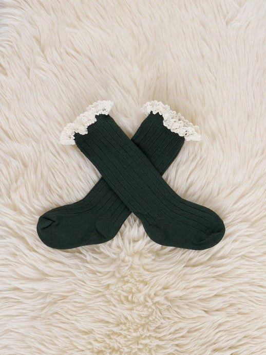 Lace Trim Knee Socks | Dark Green